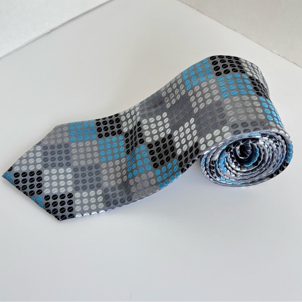NWT Alfani 100% Silk Tie Black Silver Grey Teal Circles Square Checkered Formal